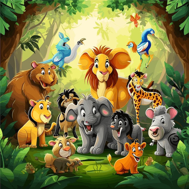 Cartoon wild animals in the jungle vector illustration