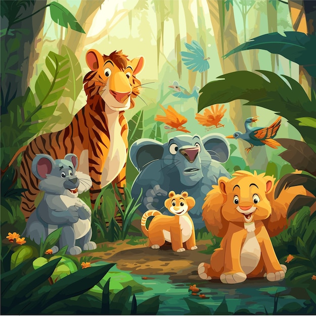 Cartoon wild animals in the jungle vector illustration