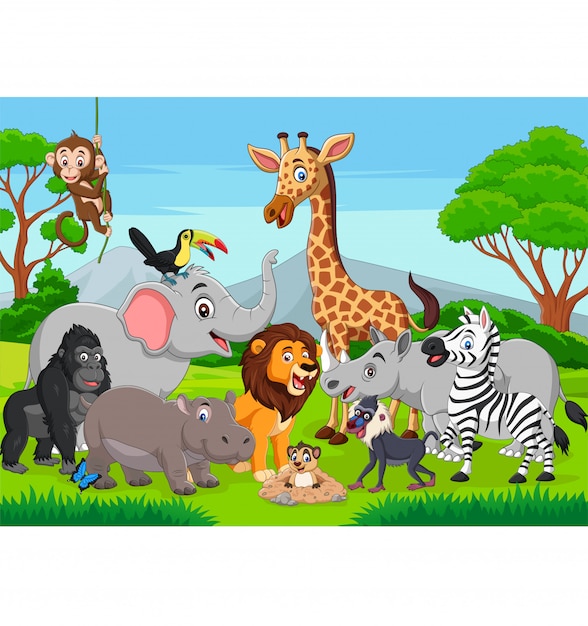 Vector cartoon wild animals in the jungle