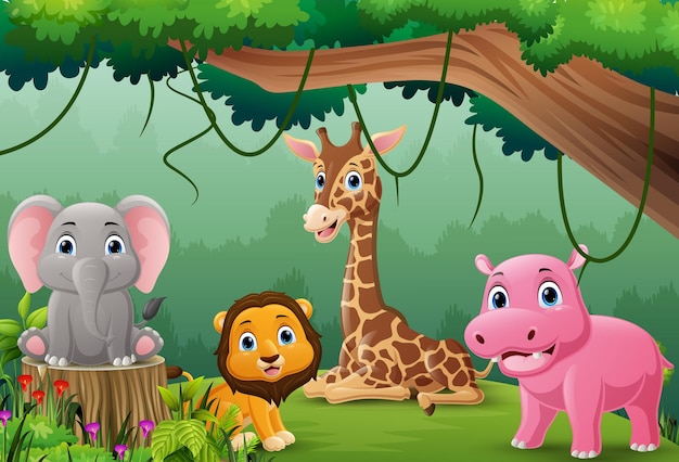 Cartoon wild animals in the jungle