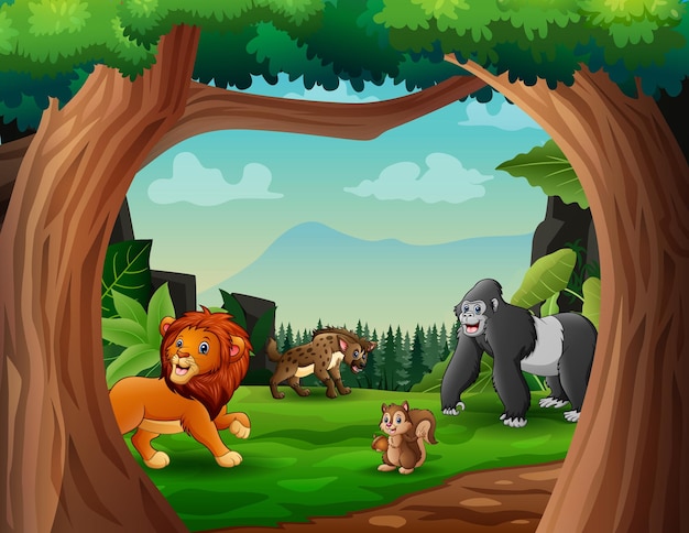 Cartoon wild animals playing in the green field\
illustration