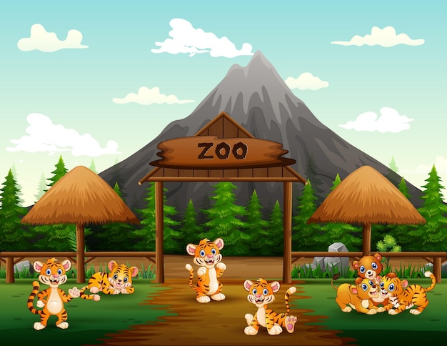 Cartoon wild animals playing in the zoo open