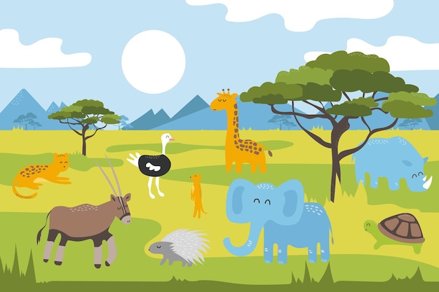 Cartoon wild animals in the savannah Cartoon panorama mountains in background