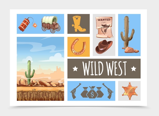 Cartoon wild west elements set with dynamite, cart, boot, wanted poster, cowboy hat, cactus, sheriff badge, horseshoe, guns, desert landscape