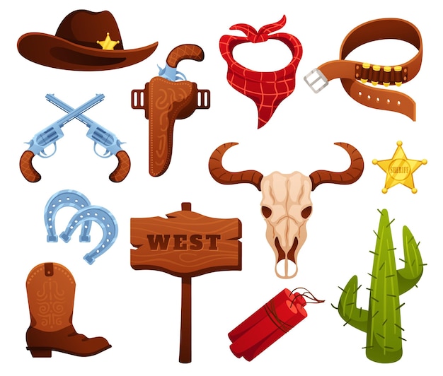 Elementi del selvaggio west del cartone animato sheriff badge revolver gun and hat set di illustrazioni vettoriali con dinamite di cactus dell'america occidentale e teschio di bufalo