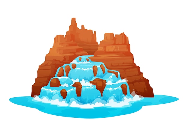 Cartone animato selvaggio west cascata e cascata d'acqua vettore che spruzza ruscelli e getti che cadono dalla roccia del canyon flussi multipli isolati che scendono a cascata lungo la roccia occidentale in ambiente naturale o parco