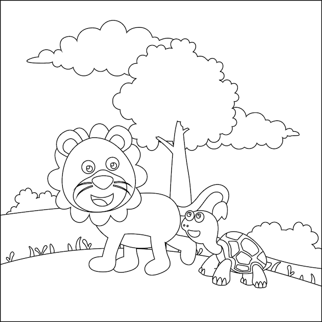Cartoon wilde dieren concept schattige leeuw en schildpad in de jungle kleurboek of pagina