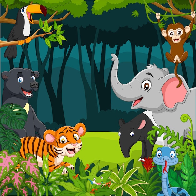 Cartoon wilde dieren in de jungle