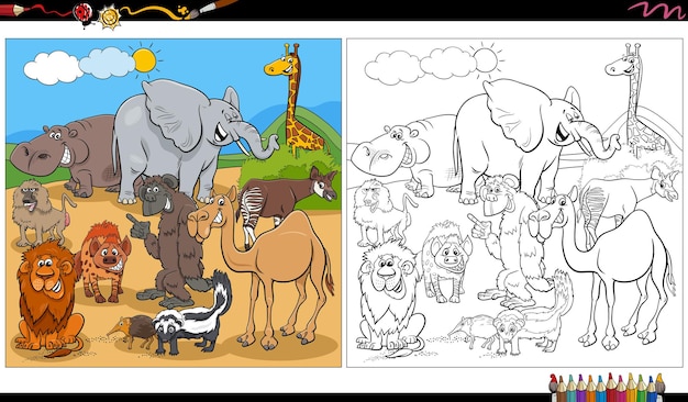 Cartoon wilde dieren tekens groep kleurplaat