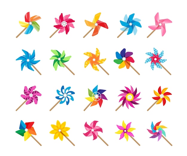 Vector cartoon windmolen speelgoed pinwheel spinner schattige zomer baby speelgoed collectie aangedreven door wind bries vector kleurrijke papieren origami fan geïsoleerde collectie