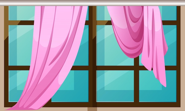 A cartoon of a window with pink curtains