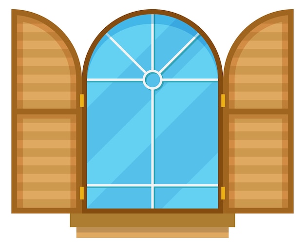 Cartoon window with wooden shutters exterior facade element isolated on white background