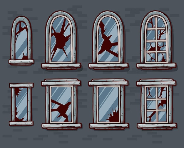 Vector cartoon windows with broken glass