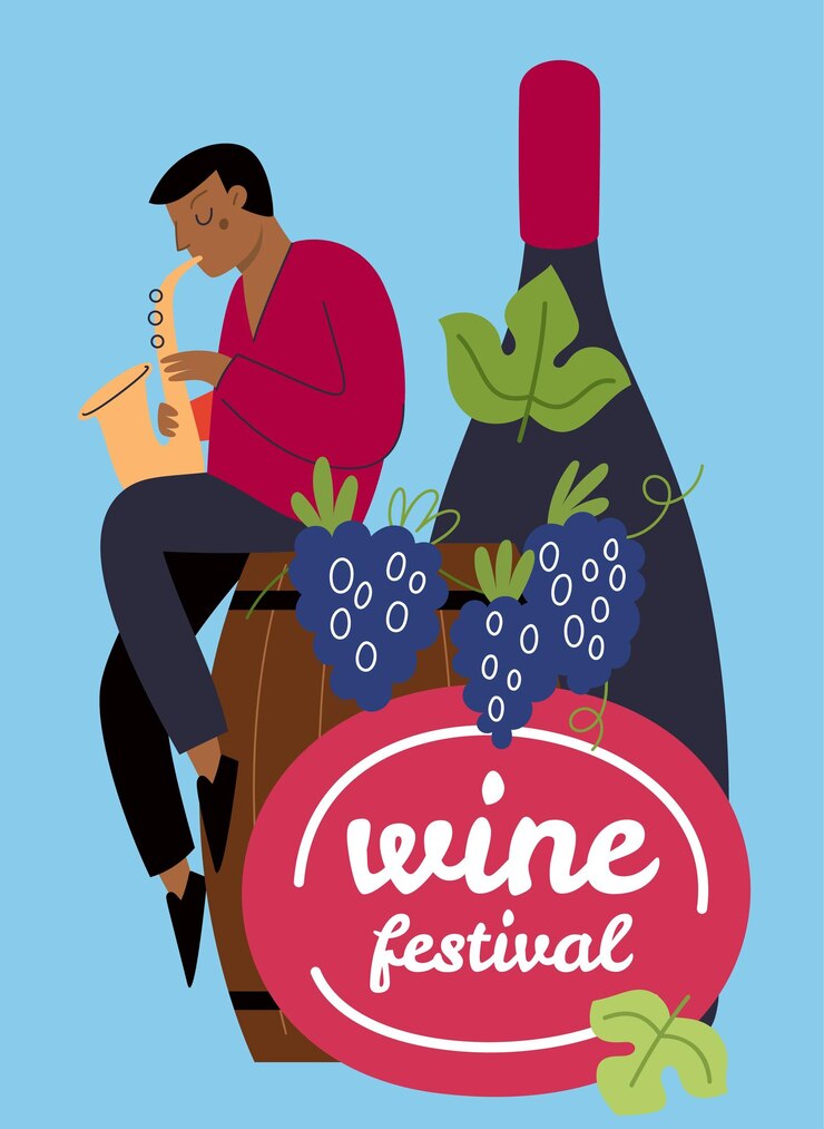 वेक्टर cartoon wine card festival invitation grapes and alcohol beverage bottle drinks tasting man playing saxophone winery barrel party invite flyer vineyard holiday vector banner design