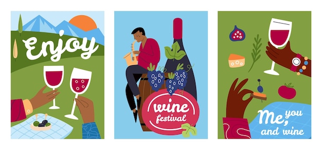 Vector cartoon wine cards picnic on nature beautiful views desserts and grape drinks man plays saxophone hands holding glasses alcohol festival barrel or bottle winemaking posters garish vector set