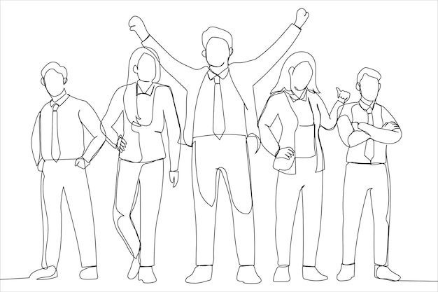 Cartoon of winning business team Single continuous line art style