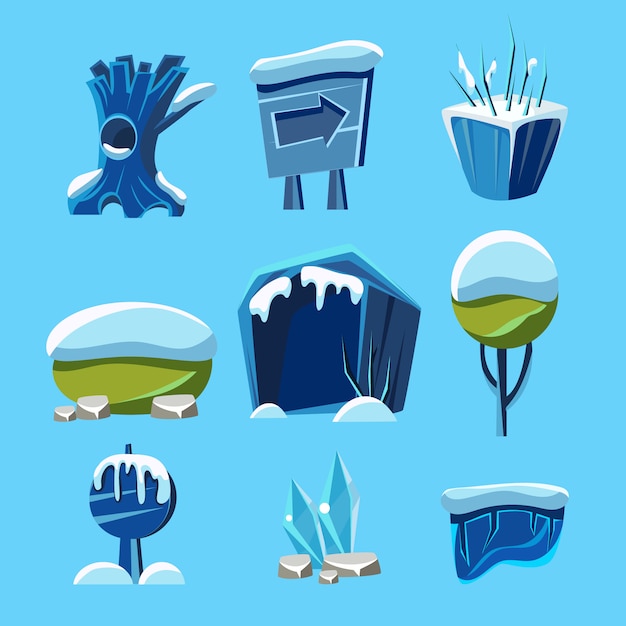 Vector cartoon winter game nature elements