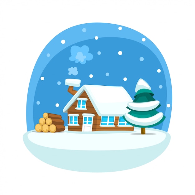 Vettore scena di casa invernale dei cartoni animati con legname e pino