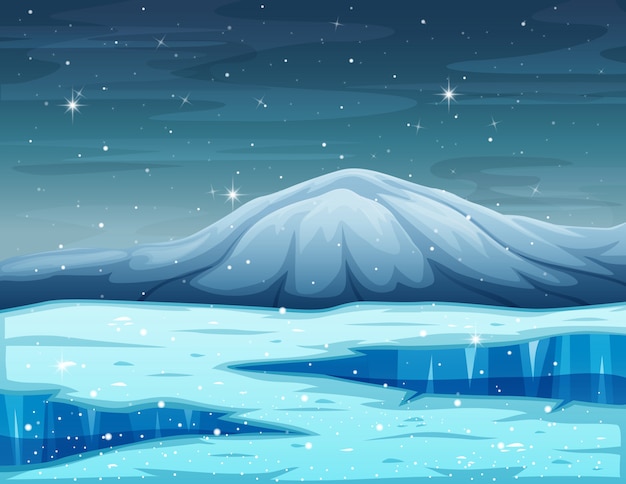 Vector cartoon winter landscape with mountain and frozen lake