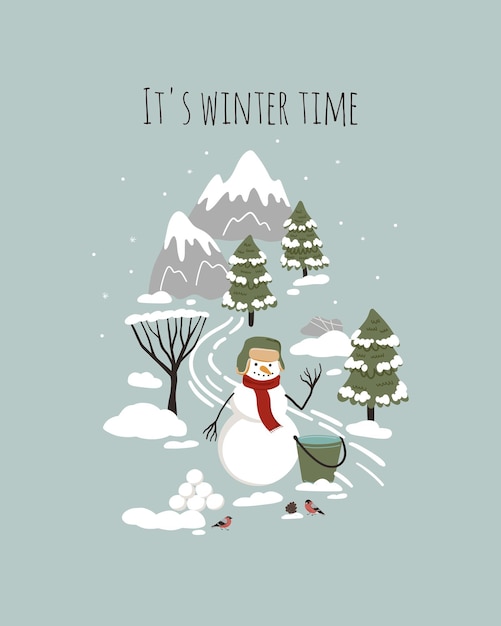 Cartoon Winter landscape with snowman mountains pine trees snow Christmas time poster card print