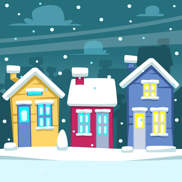 cartoon winter neighborhood house scene illustration