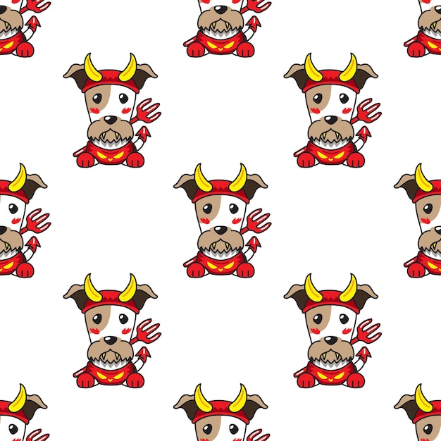 Vector cartoon wire fox terrier dog with halloween costume seamless pattern background