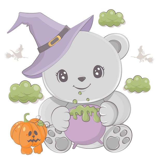 Cartoon witch bear with pumpkin. Vector illustration of Halloween animal.