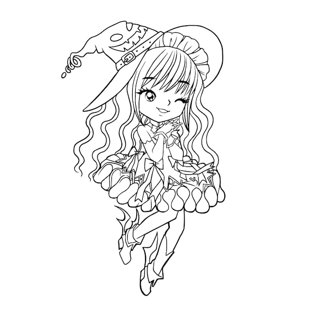 witch girl cartoon doodle kawaii anime coloring page cute