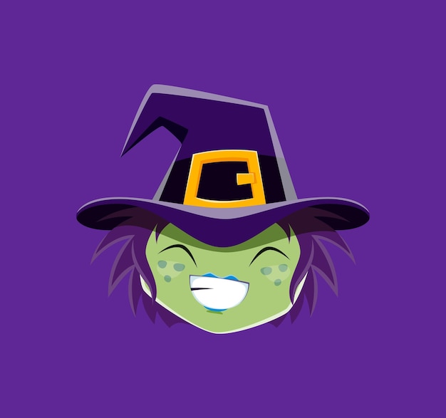 Cartoon witch Halloween emoji character. Isolated vector whimsical hag face with green skin, wear pointed hat, and a mischievous grin conveys spooky playful fun to messages during holiday season chat