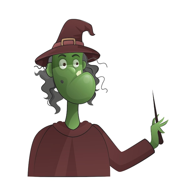 Cartoon Witch Holding Magic Stick On White Background.