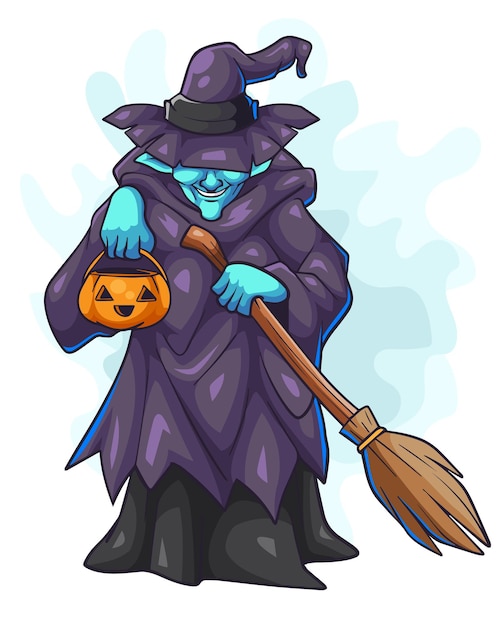 cartoon witch holding a pumpkin