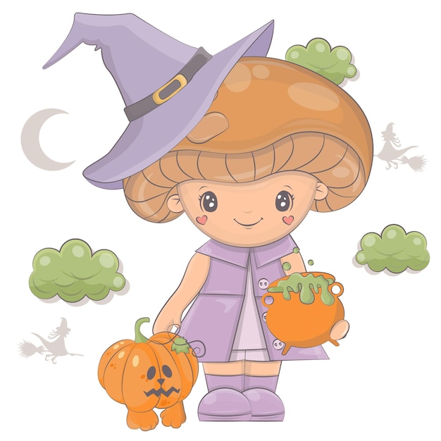 Cartoon witch mushroom with pumpkin. Vector illustration of Halloween character.