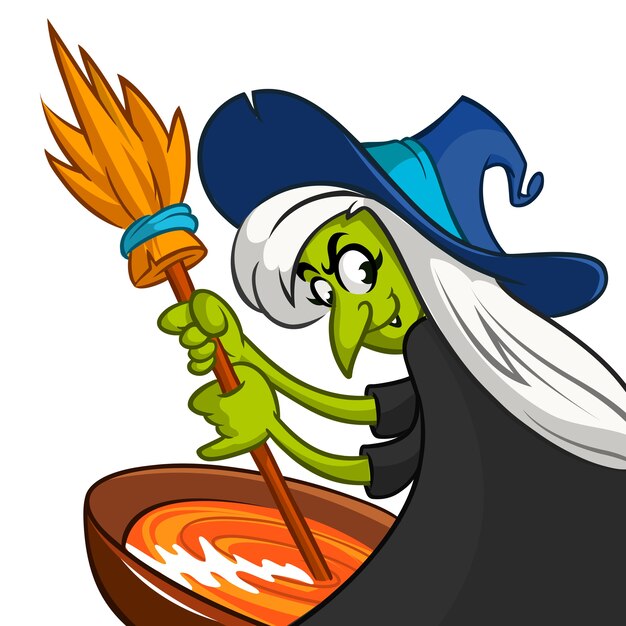 Cartoon witch preparing a potion with a broom