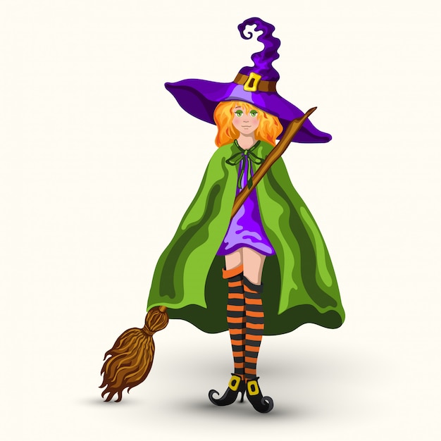 Cartoon witch in purple hat with broom isolated on white