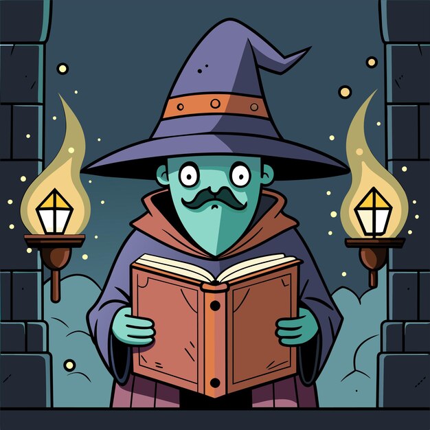 Vector a cartoon of a witch reading a book with a man reading a book