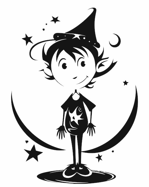 Vector a cartoon witch standing on the moon with stars