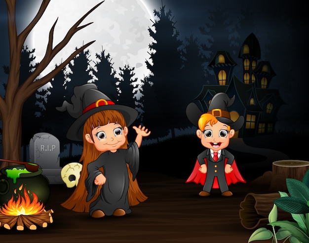 Cartoon of witch and vampire outdoors in the night