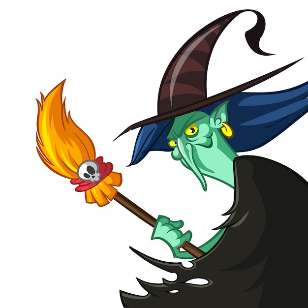 Vector cartoon witch with cauldron and broom vector illustration