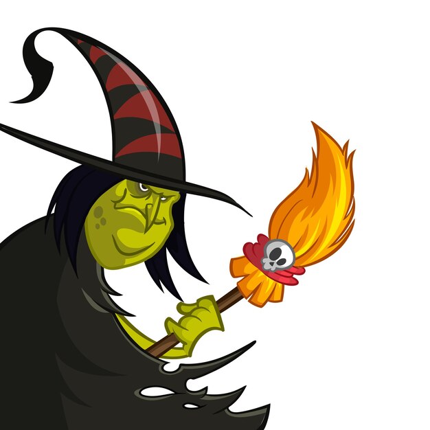 Cartoon witch with cauldron and broom Vector illustration