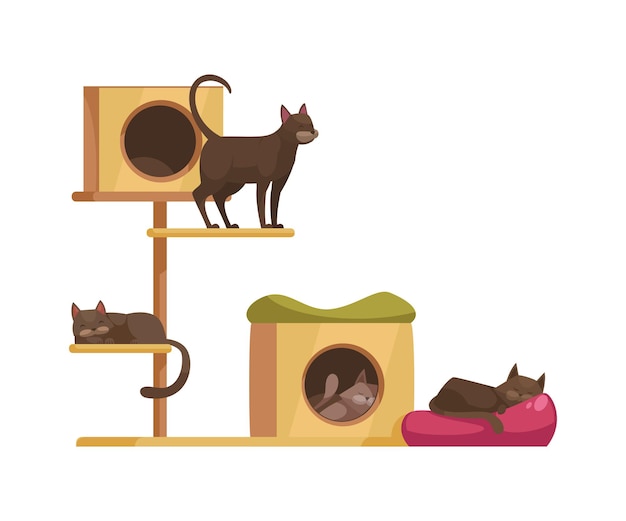 Vector cartoon with cute cats sitting and sleeping on cat tree with scratchers