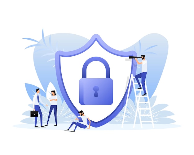Cartoon with secure lock people Digital bank Flat vector illustration