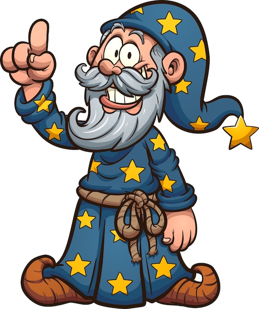 Cartoon wizard holding a finger up. Illustration