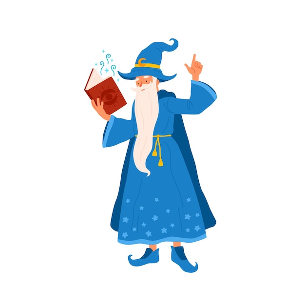 Cartoon wizard houd boek lezen magische spreuk platte vectorillustratie. Grappige oude mysterietovenaar die betovering maakt die op witte achtergrond wordt geïsoleerd. Schattig magiër karakter met baard spreek toveren uit.