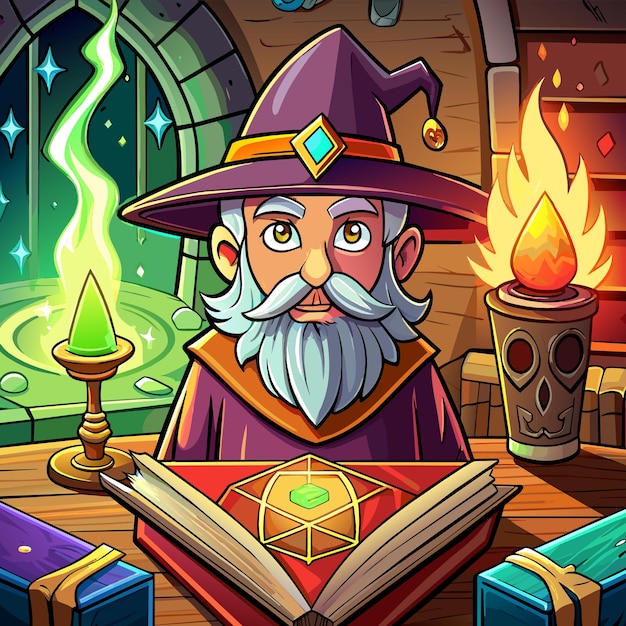 Vettore un cartone animato di un mago che legge un libro con un libro e un libro sullo sfondo