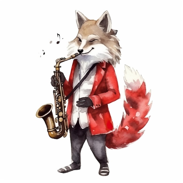 Vector cartoon wolf dress red color clothes playing saxophone