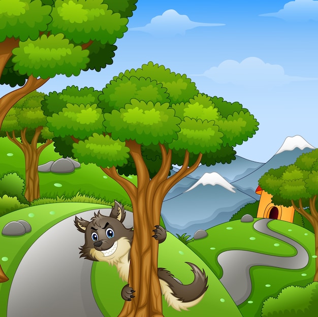 Vector cartoon wolf lurking in the forest road