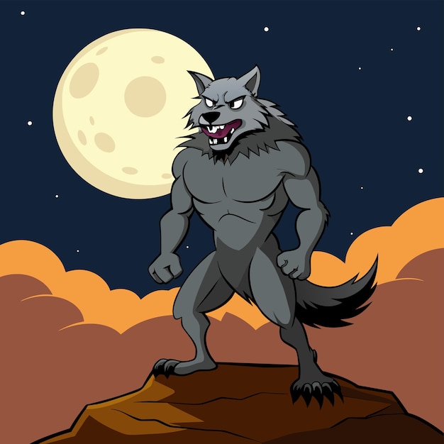 Vector a cartoon of a wolf on a rock with the moon in the background