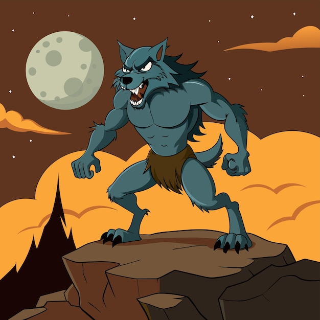 Vector a cartoon of a wolf with a full moon in the background