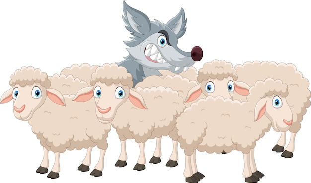 Vector cartoon wolf with sheep flock