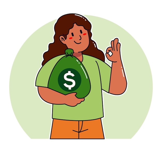 Vector cartoon woman carrying sack of money